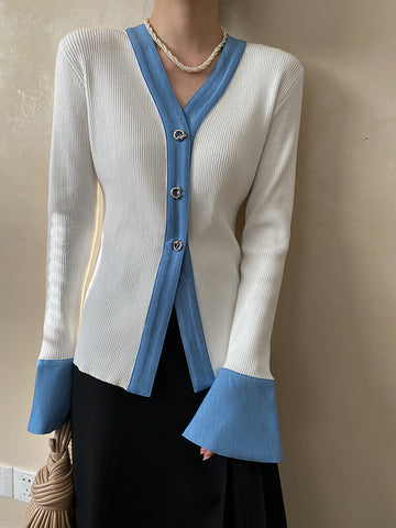 Airchics cardigans jean couleur bloc boutonnage manches trompette femme mode